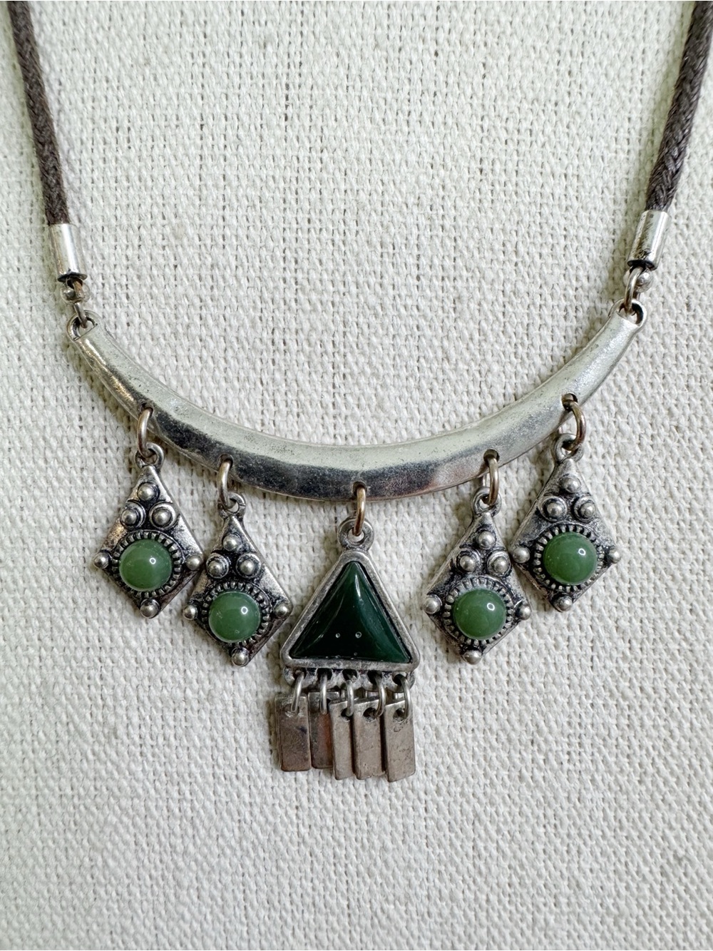 Boho Silver Tone Necklace with Green Stone Accents - Tribal Jewelry